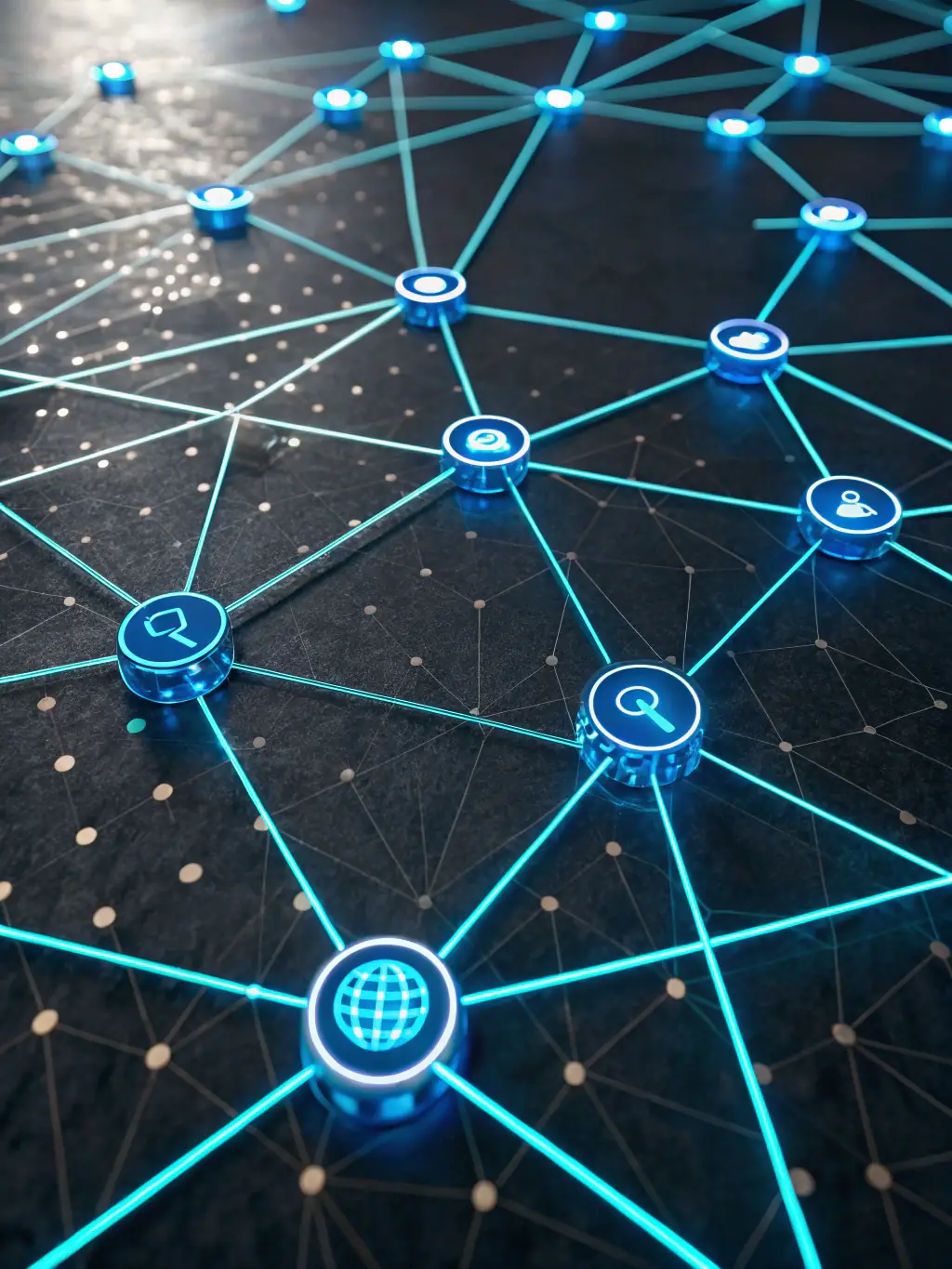 A graphic illustration of interconnected nodes and lines, representing the concepts of blockchain technology and decentralized applications.
