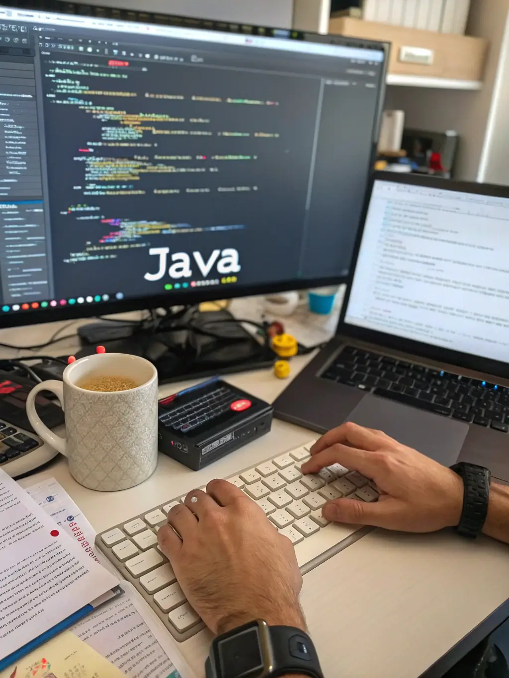 A close-up shot of a laptop screen displaying HTML code, with a cup of coffee and a notebook in the background, representing the Full-Stack Web Development Course.