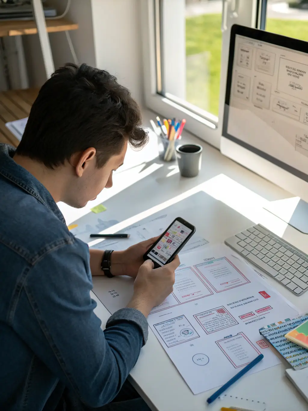 A mobile phone displaying a sleek and user-friendly app interface, with a developer working on the code in the background, representing mobile app development.